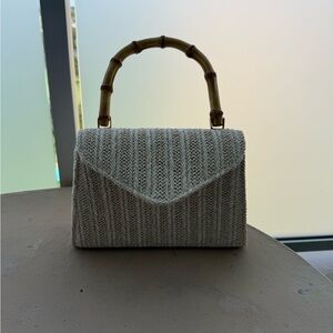 Cream Woven Crossbody Bag with Bamboo Handle